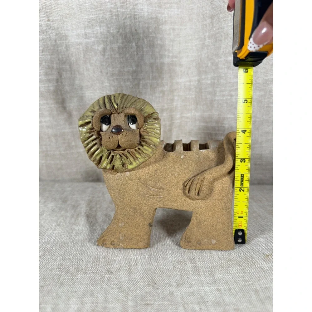 Pottery Lion Figurine Good Vintage Studio Ceramic Slotted Back Tan Green
